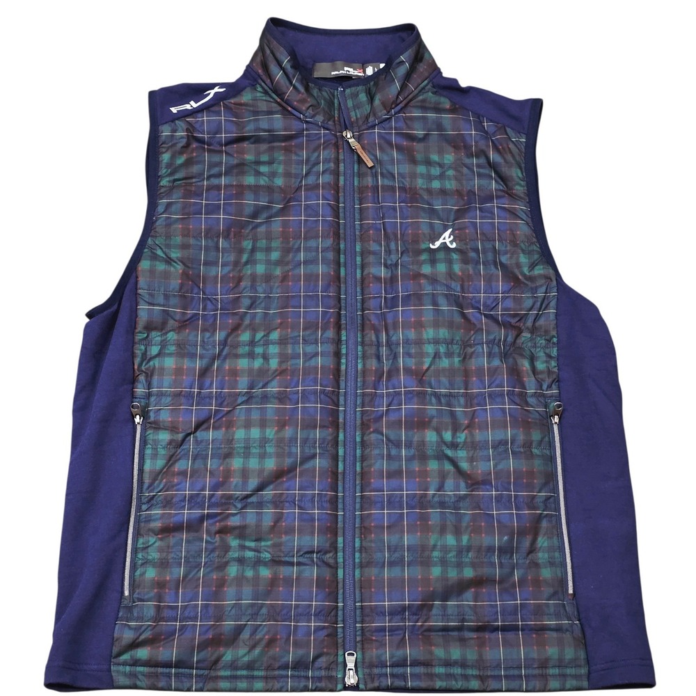 RLX Golf Atlanta Braves Mock Neck Plaid Performance Stretch Vest Men's Sz Large